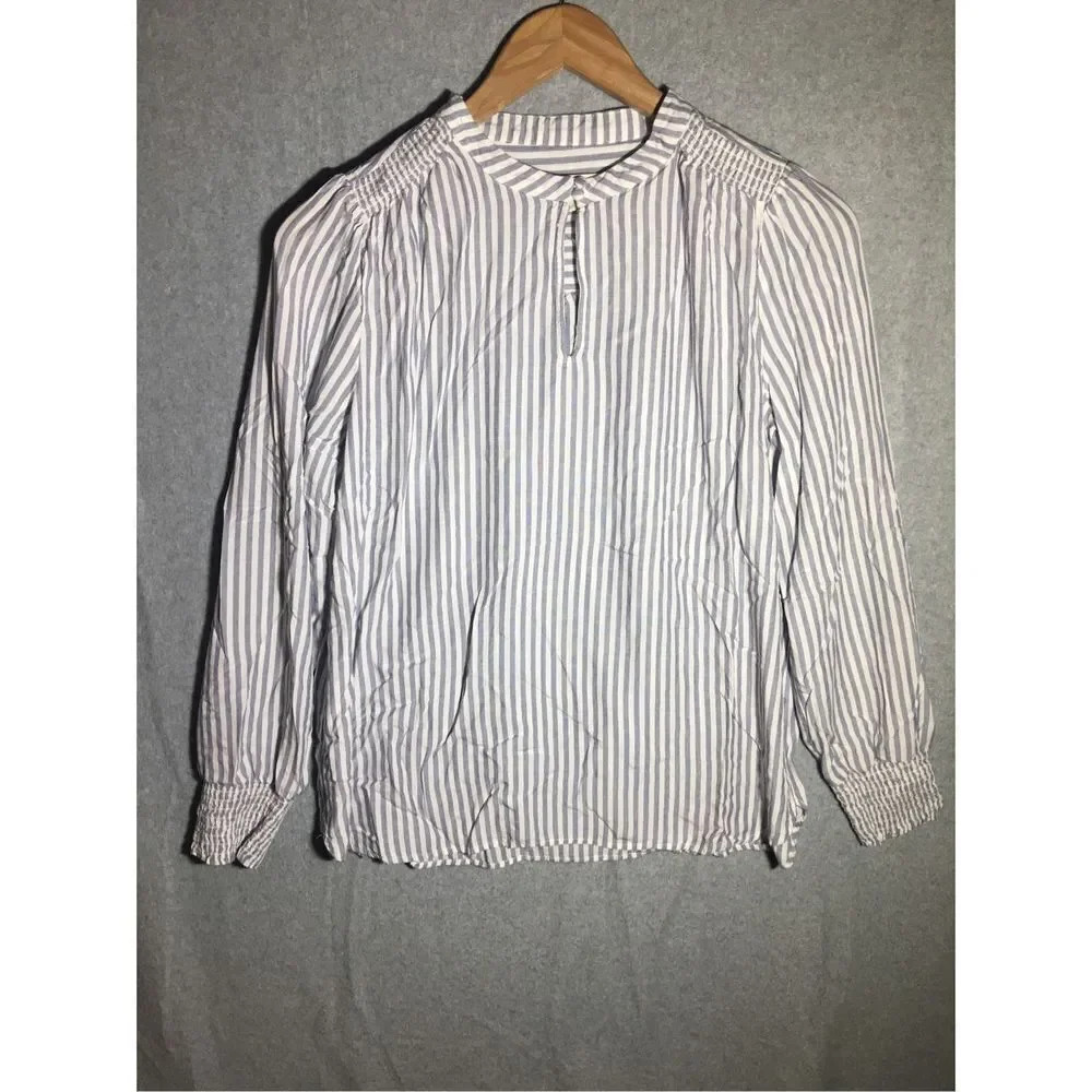 Womens Loft Blouse Striped Blue White Casual Work Career Office Keyhole Neckline